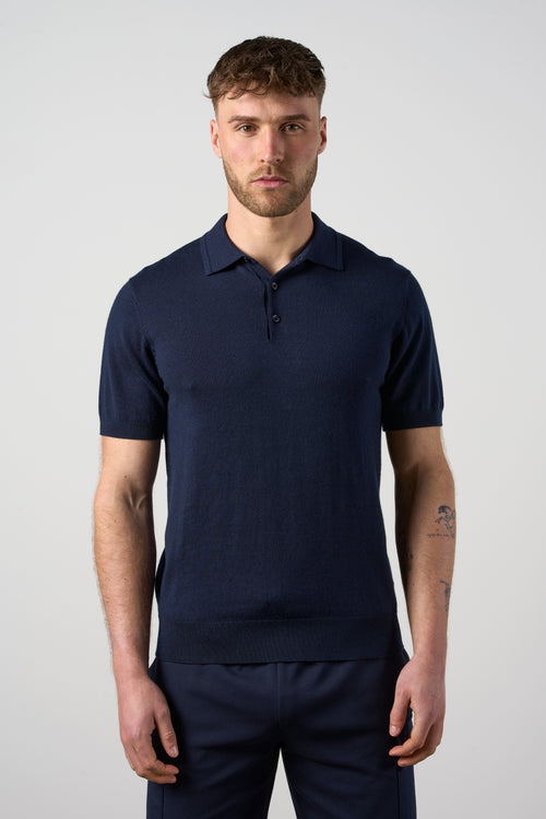 Merino Wool Button Polo Shirt Navy