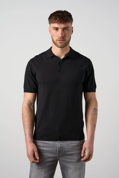 Merino Wool Button Polo Shirt Black