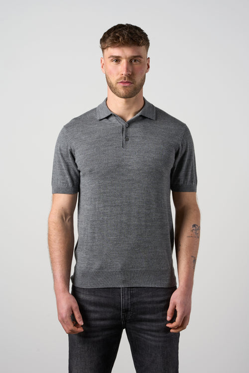 Merino Wool Button Polo Shirt Charcoal Marl