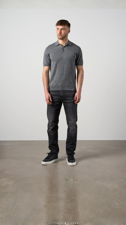 Merino Wool Button Polo Shirt Charcoal Marl