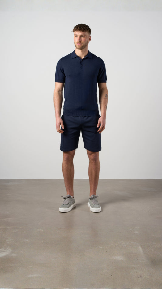 Merino Wool Button Polo Shirt Navy